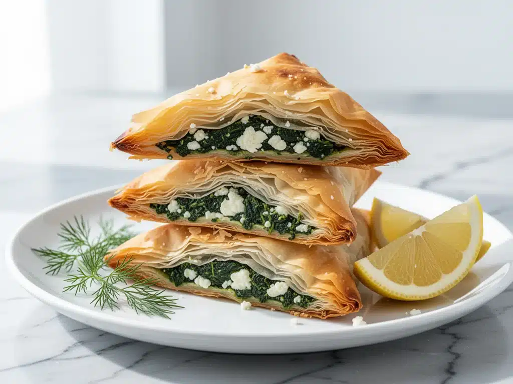 baked spinach and feta phyllo triangles - featured image