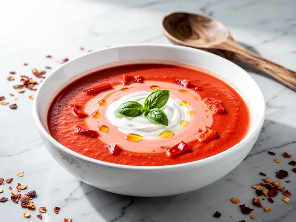 creamy roasted red pepper and tomato bisque - featured image