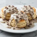 fluffy buttermilk biscuits with sausage gravy - featured image