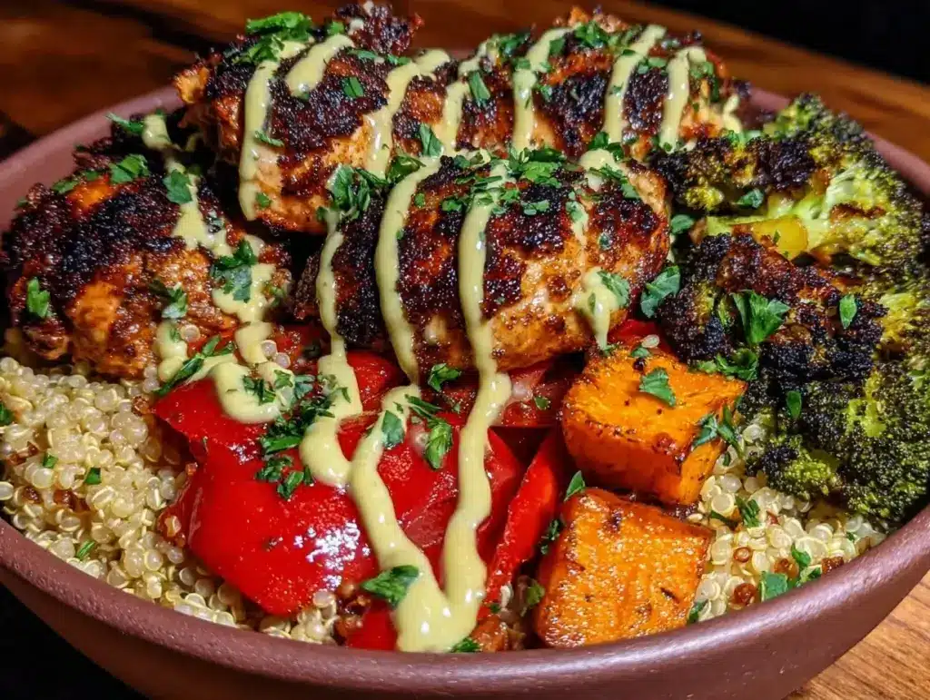 high protein chicken and quinoa bowl - featured image