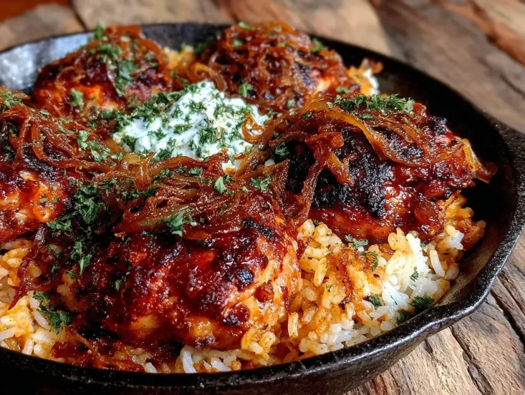 one-pan chicken and rice with caramelized onions - featured image